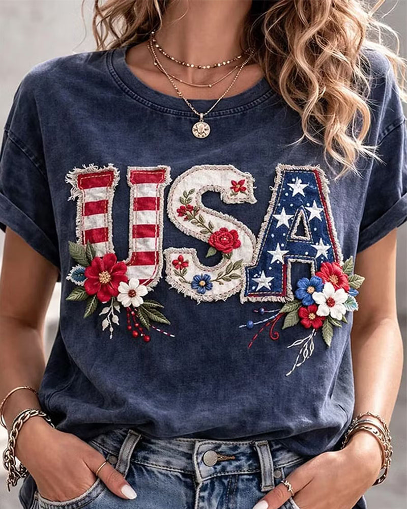 USA Alphabet Flag Flower Distressed Denim Short Sleeve T-shirt