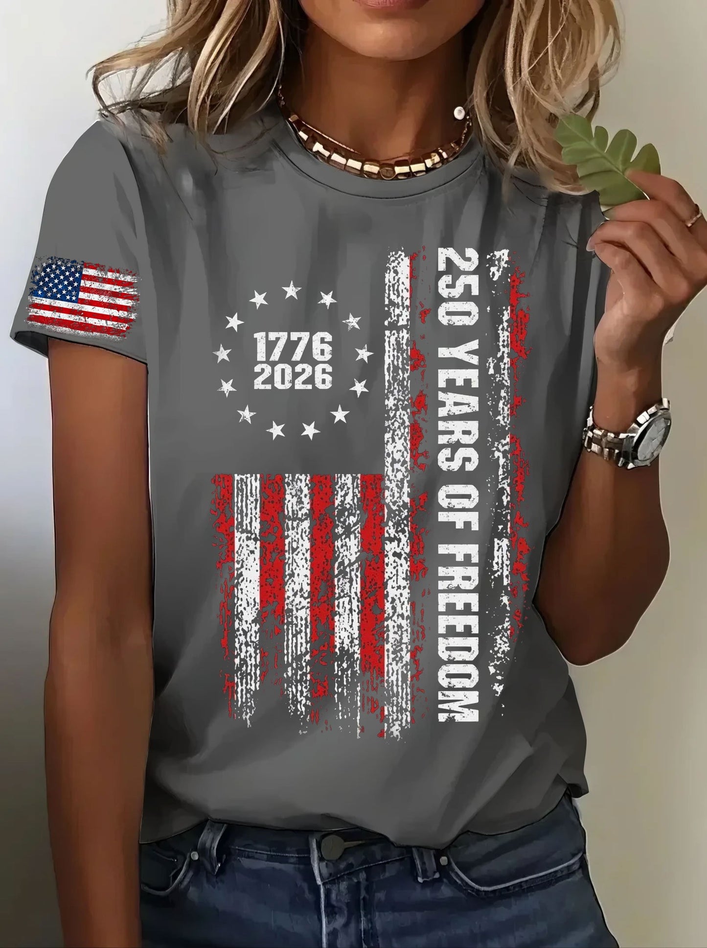 Women’s USA 250th Anniversary Embroidered Print Crew Neck Short Sleeve T-Shirt