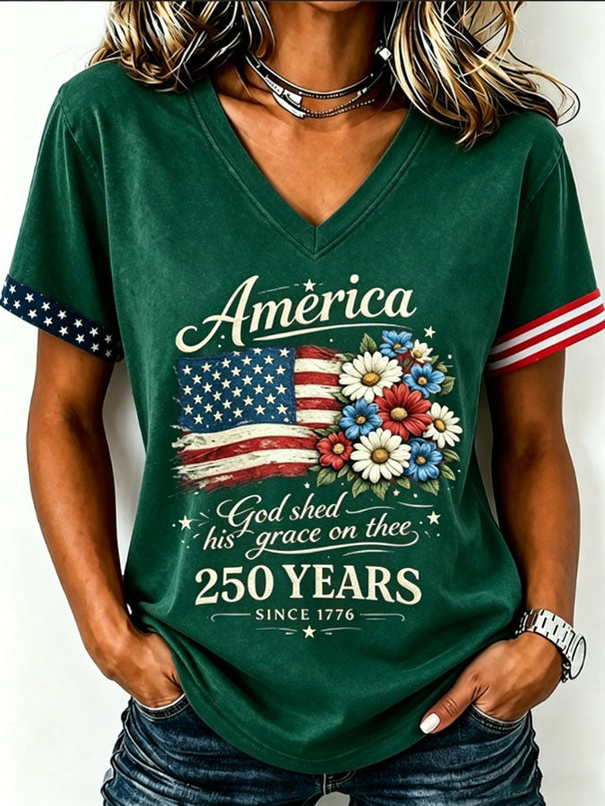 Women's Floral American Flag Printed Casual T-shirt