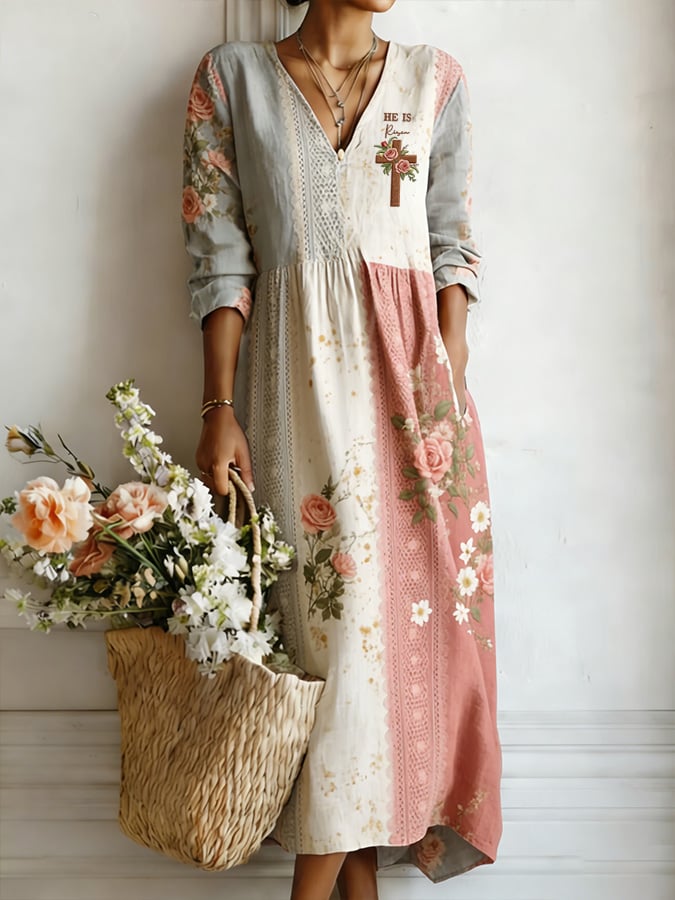 Women's Retro Floral Print V-Neck Linen Dress