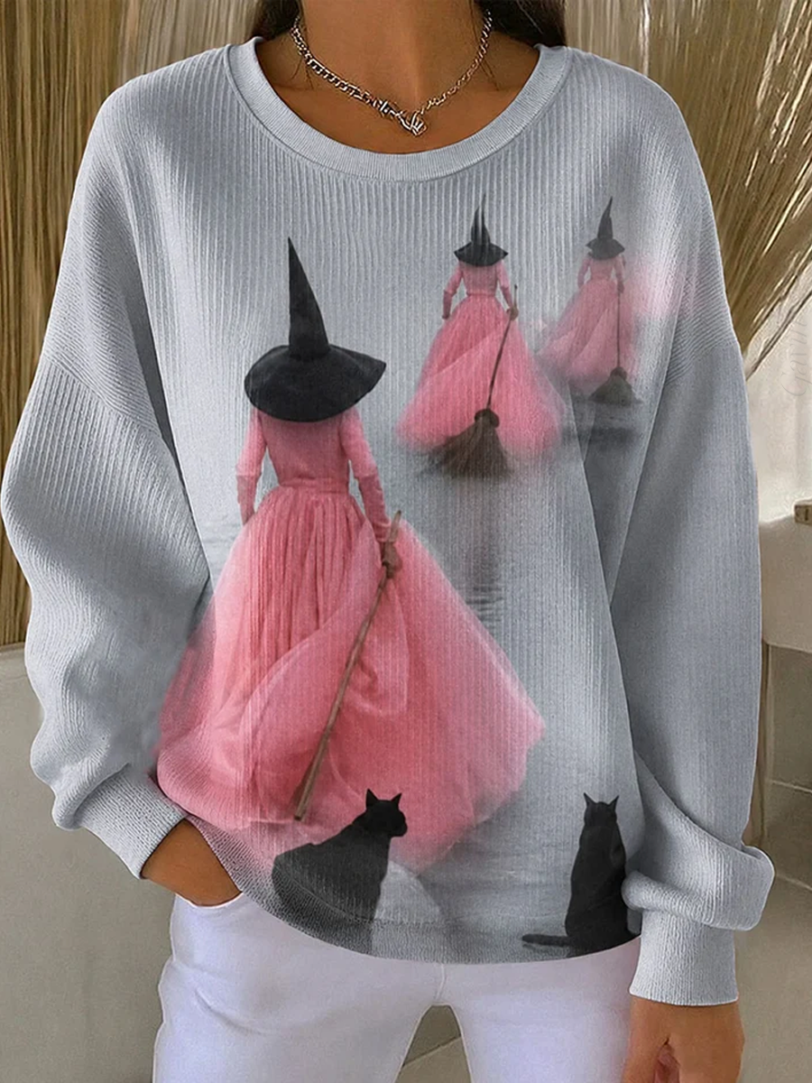 Women'S Halloween Witch Black Cat Ribbed Round-Neck Sweatshirt