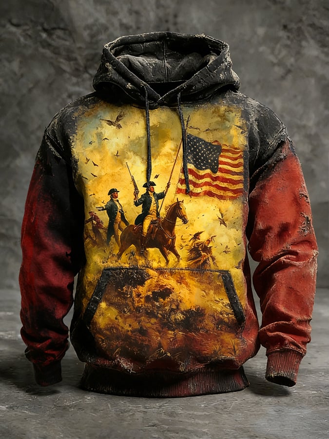 Men's winter vintage-style hooded sweatshirt with American 250th anniversary print.