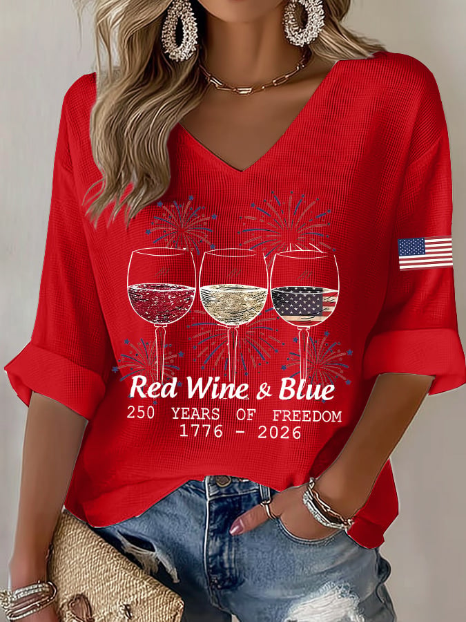 Women's Casual Waffle-Knit T-Shirt with U.S. 250th Anniversary Print