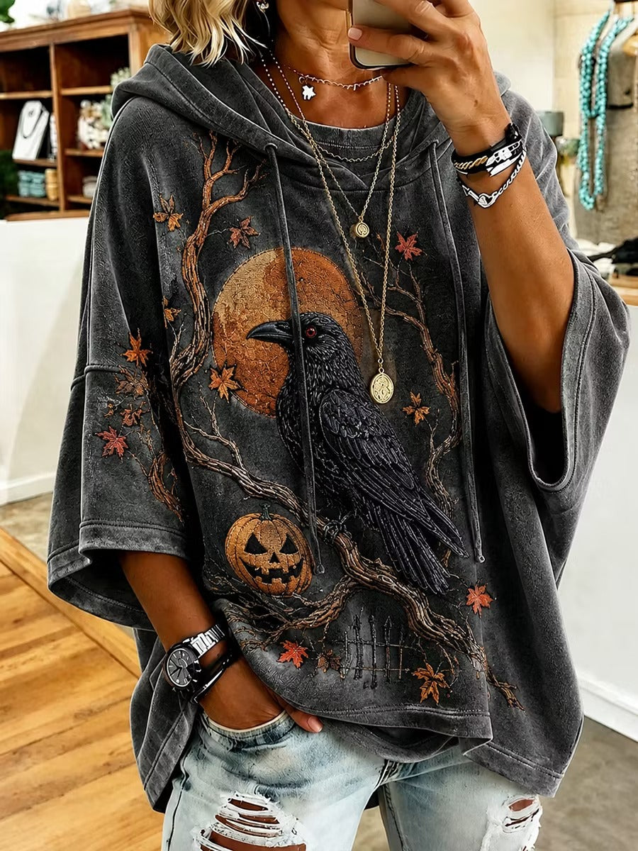 Women's Retro Halloween Crow Art Print Casual Hoodie