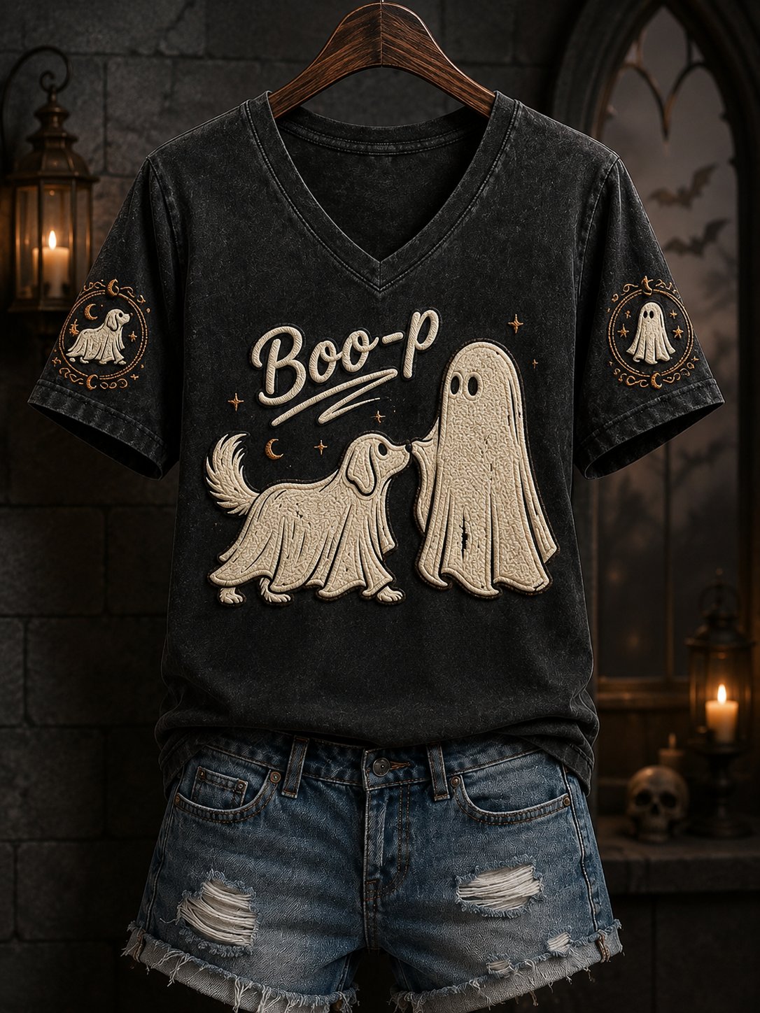Women's Halloween Ghost Animal Dog Boo-p Print Tee
