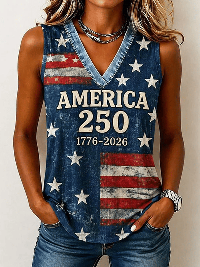 Women's 250th Anniversary Flower Art Print Casual V-Neck Vest