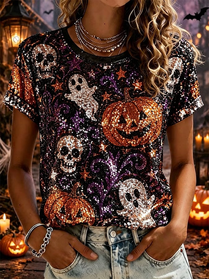 Women's Halloween Scary Pumpkin Face Cat Art Print Top
