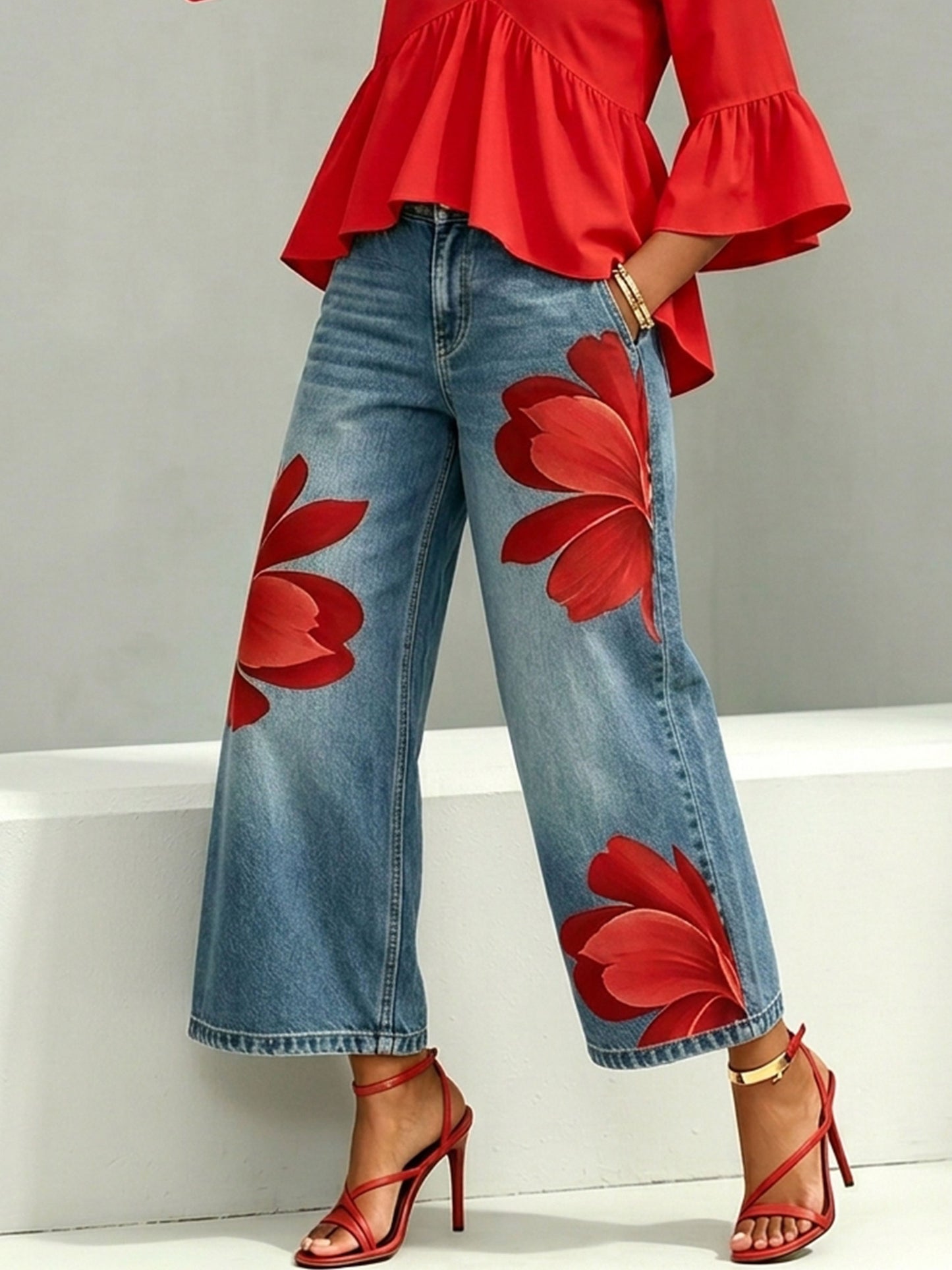 Women’s Stylish Flower Casual Wide Denim Pants