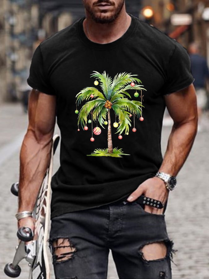 Men's Casual Christmas Palm Tree Printed Short Sleeve T-Shirt