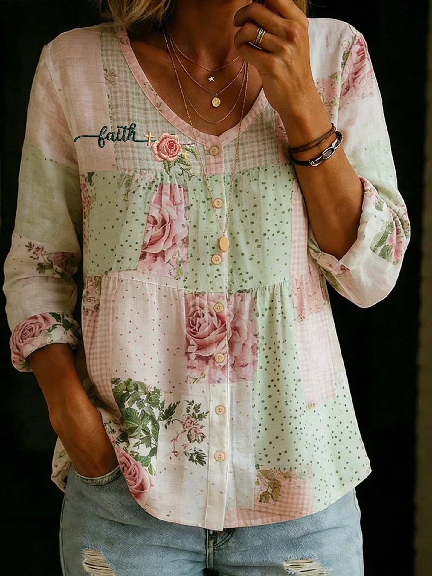 Women's Vintage Floral "Faith" Print V-Neck Top