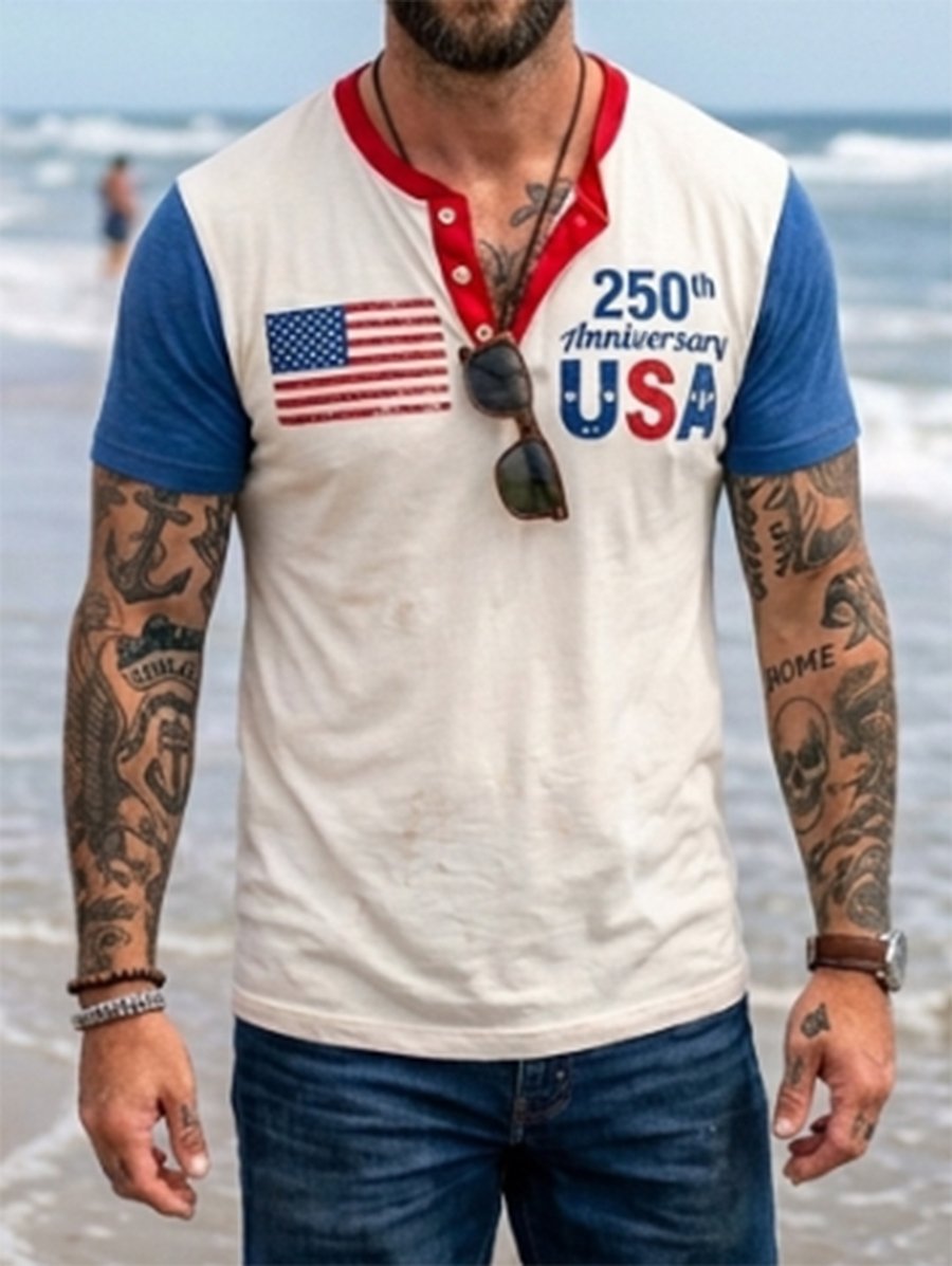 Men's Retro American Anniversary Henley Collar Short-Sleeve T-Shirt