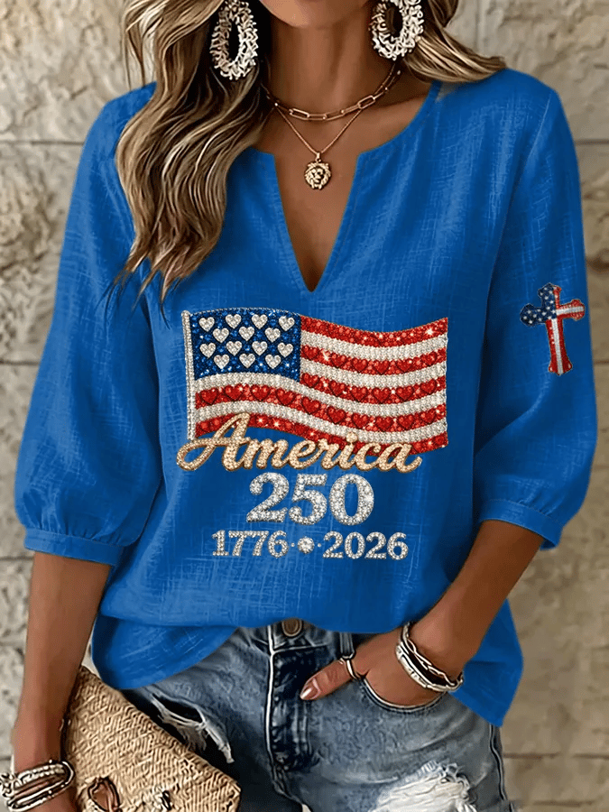 Women's U.S. 250th Anniversary Print V-Neck Top