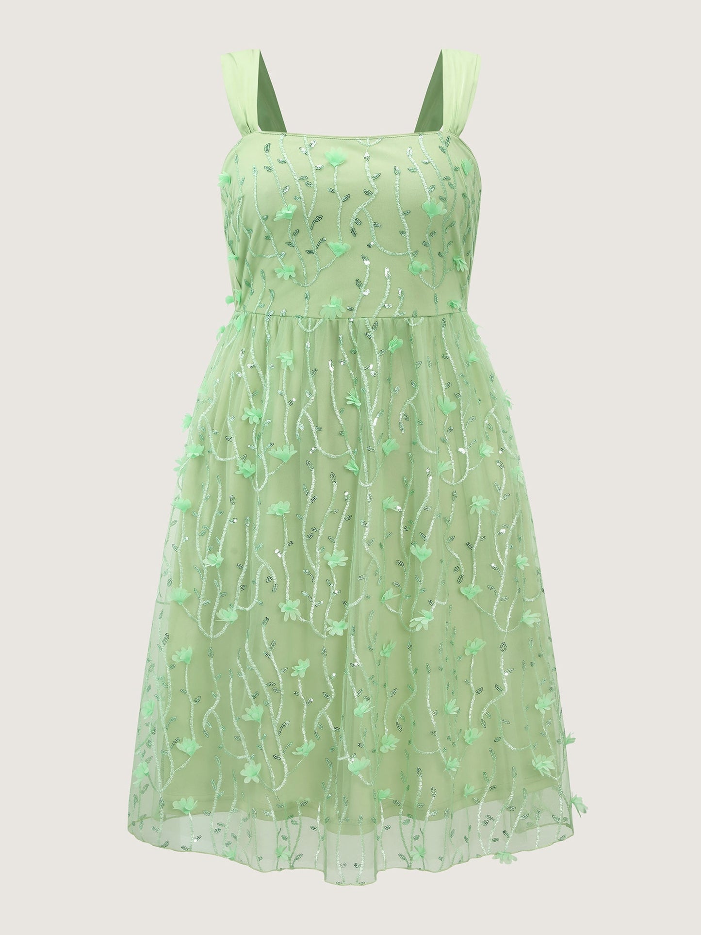 Floral Textured Square Neckline Lined Midi Dress