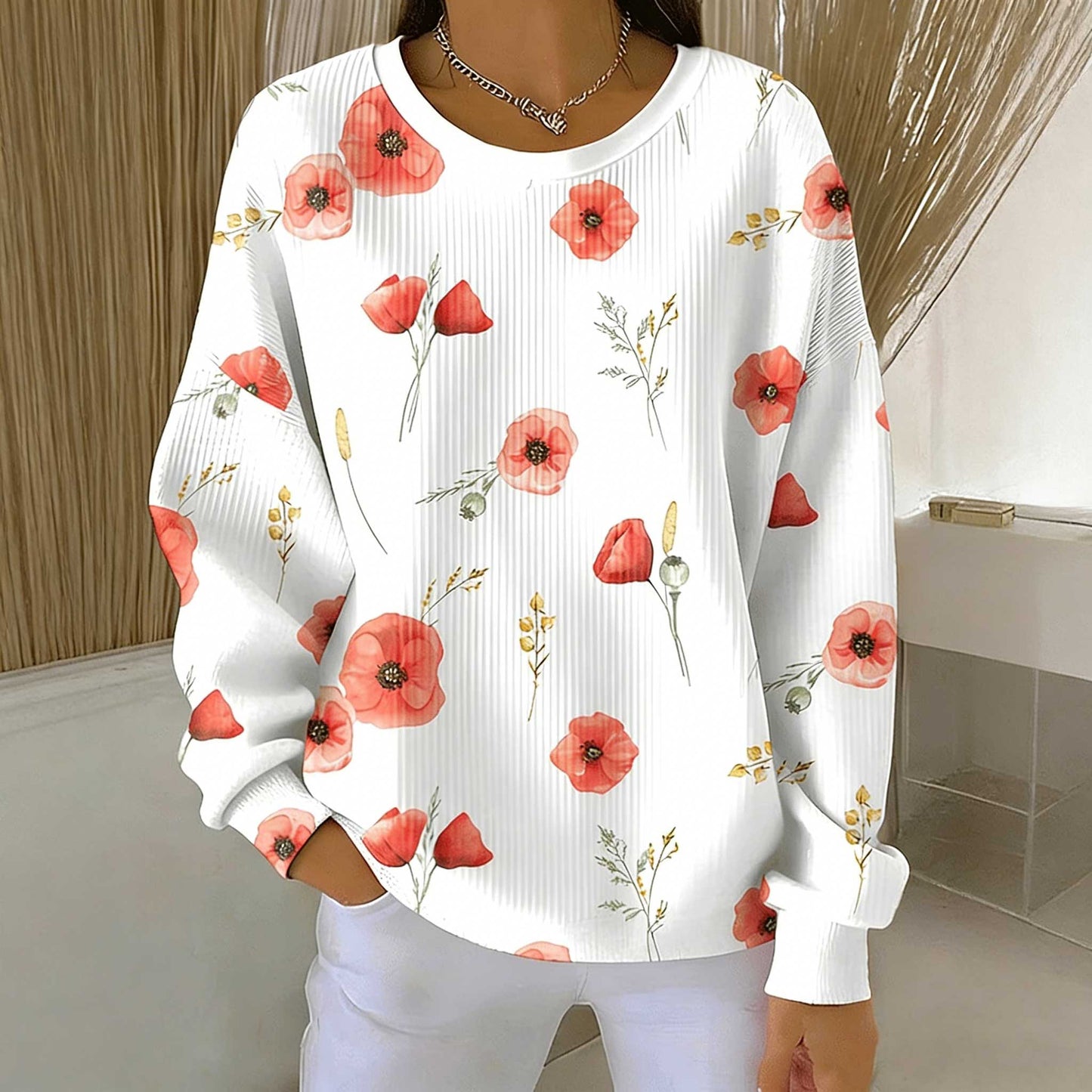 Women's Red Poppy Print Round Neck Sweatshirt
