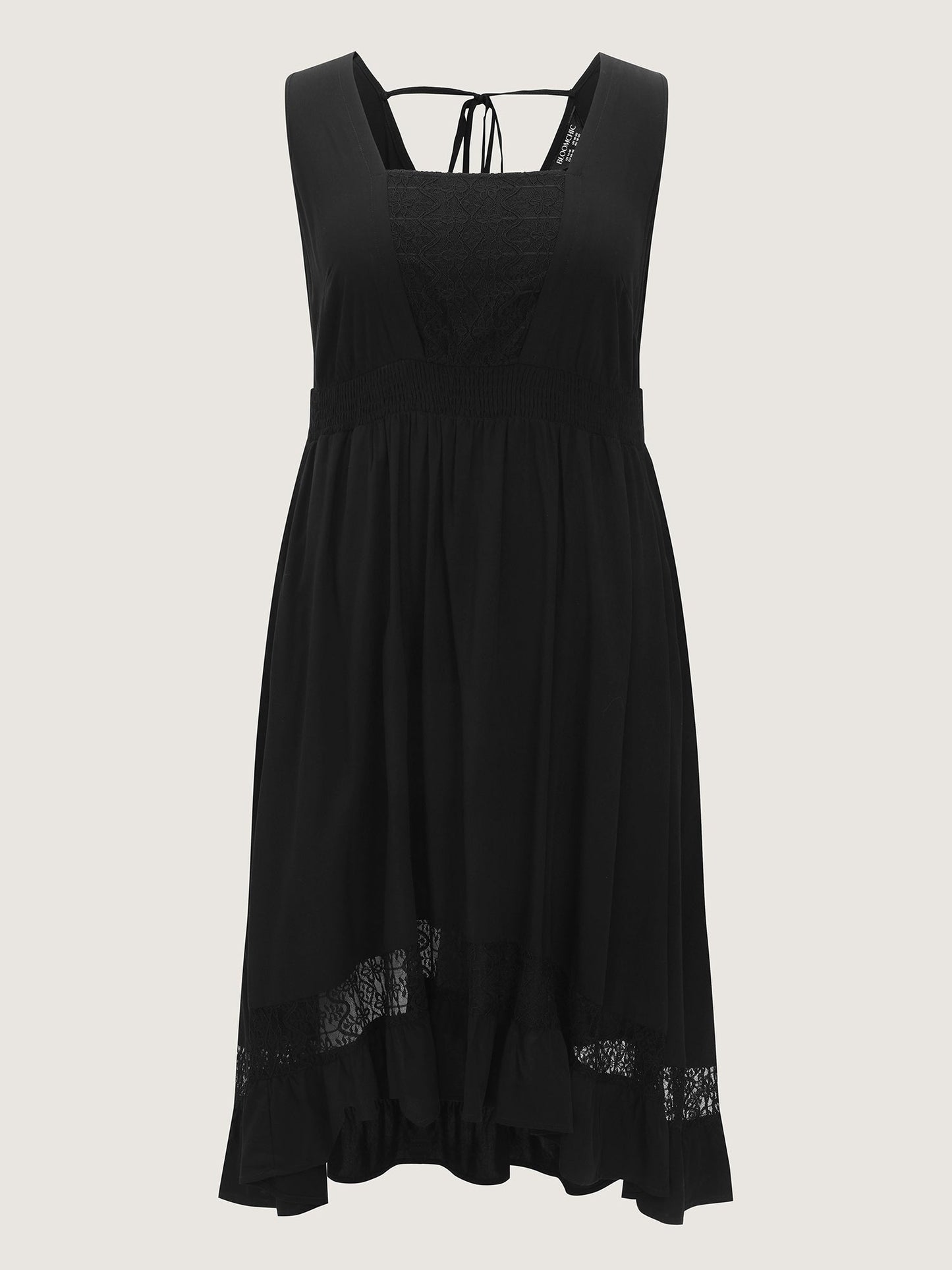 Lace Shirred Waist High Low Hem Midi Dress