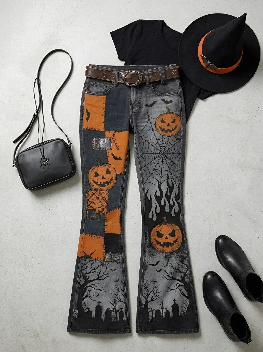 Women's Halloween Pumpkin Spiderweb Graveyard Printed Flare Jeans
