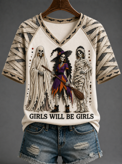 Women's Girls Will Be Girls V-neck Off-shoulder Short-sleeved T-shirt