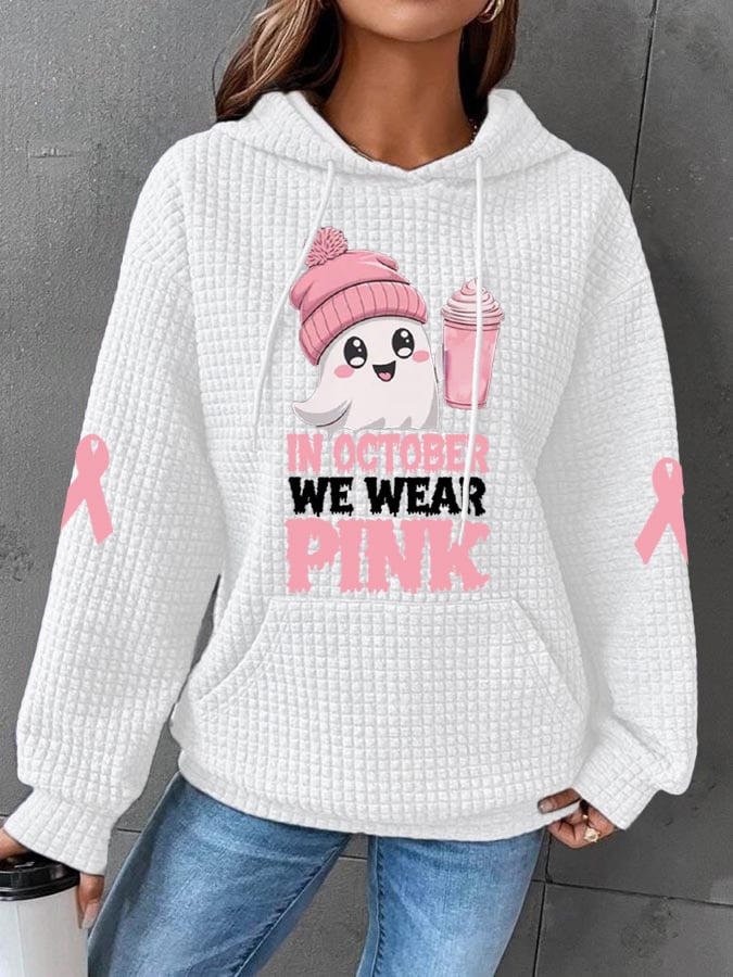 Women's In October We Wear Pink Halloween Ghost Breast Cancer Awareness Warrior Waffle Hoodie