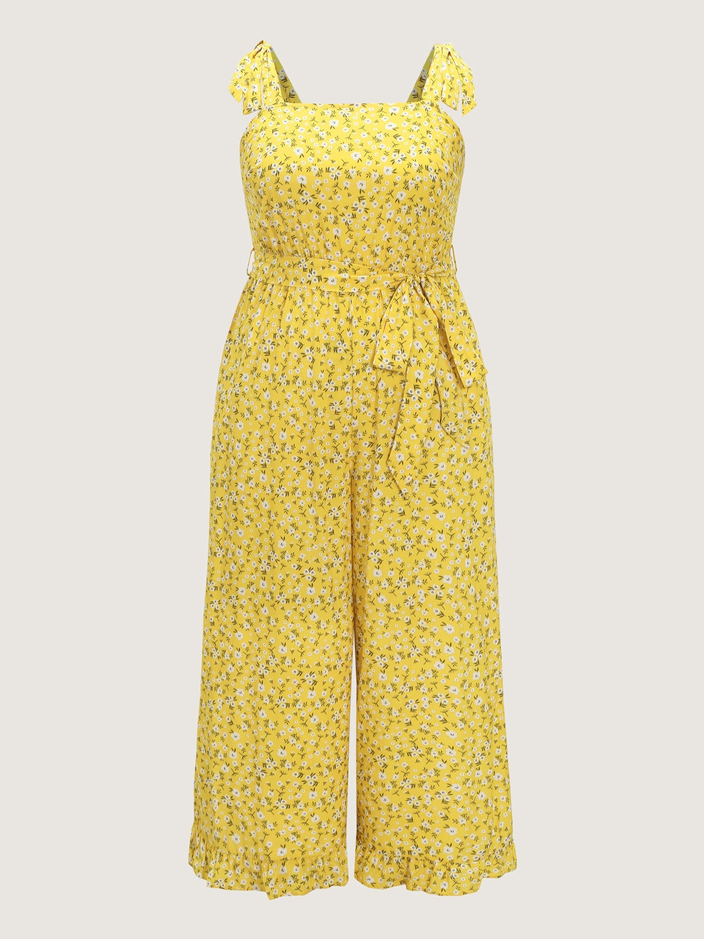 Floral Print Shoulder-Tie Ruffled Hem Jumpsuit