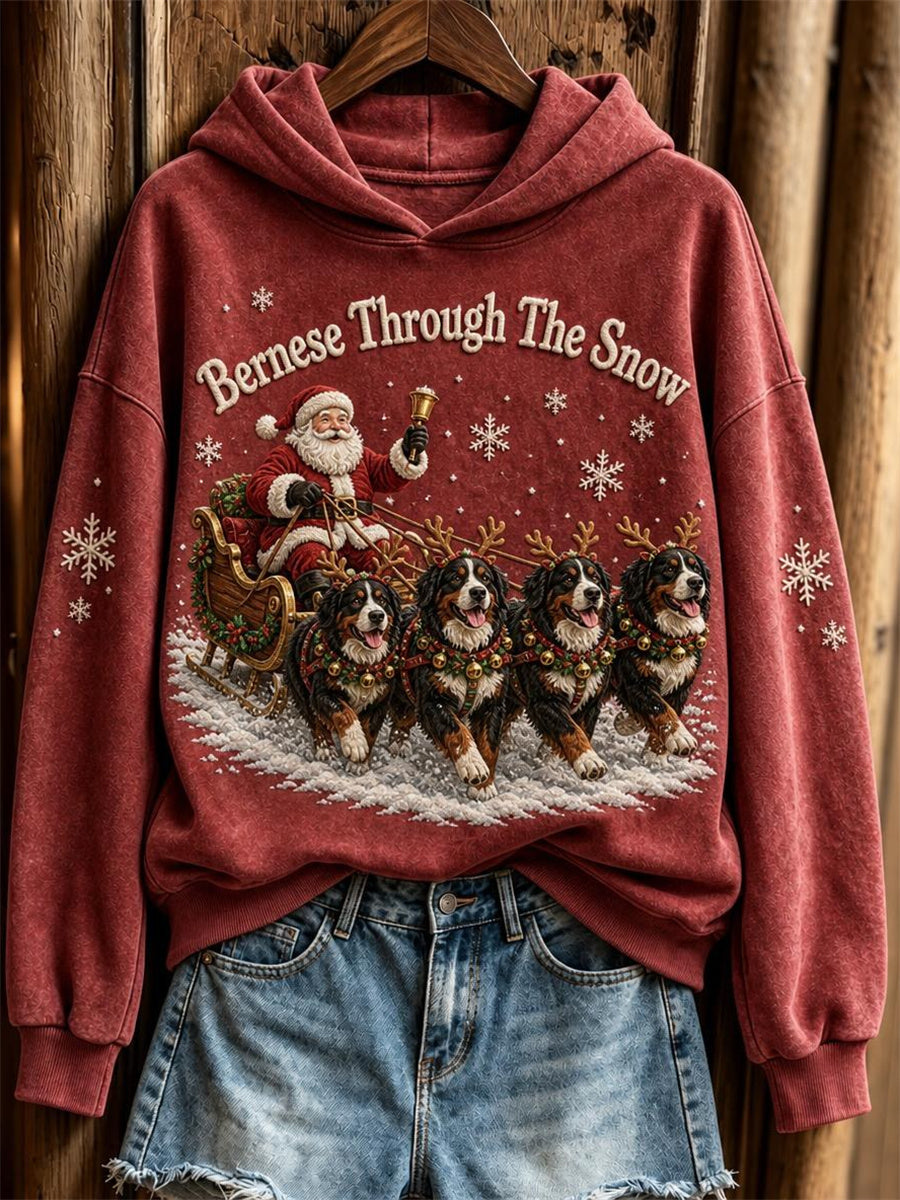 Women's Bernese Through the Snow Christmas Santa Claus & Dogs Print Hoodie