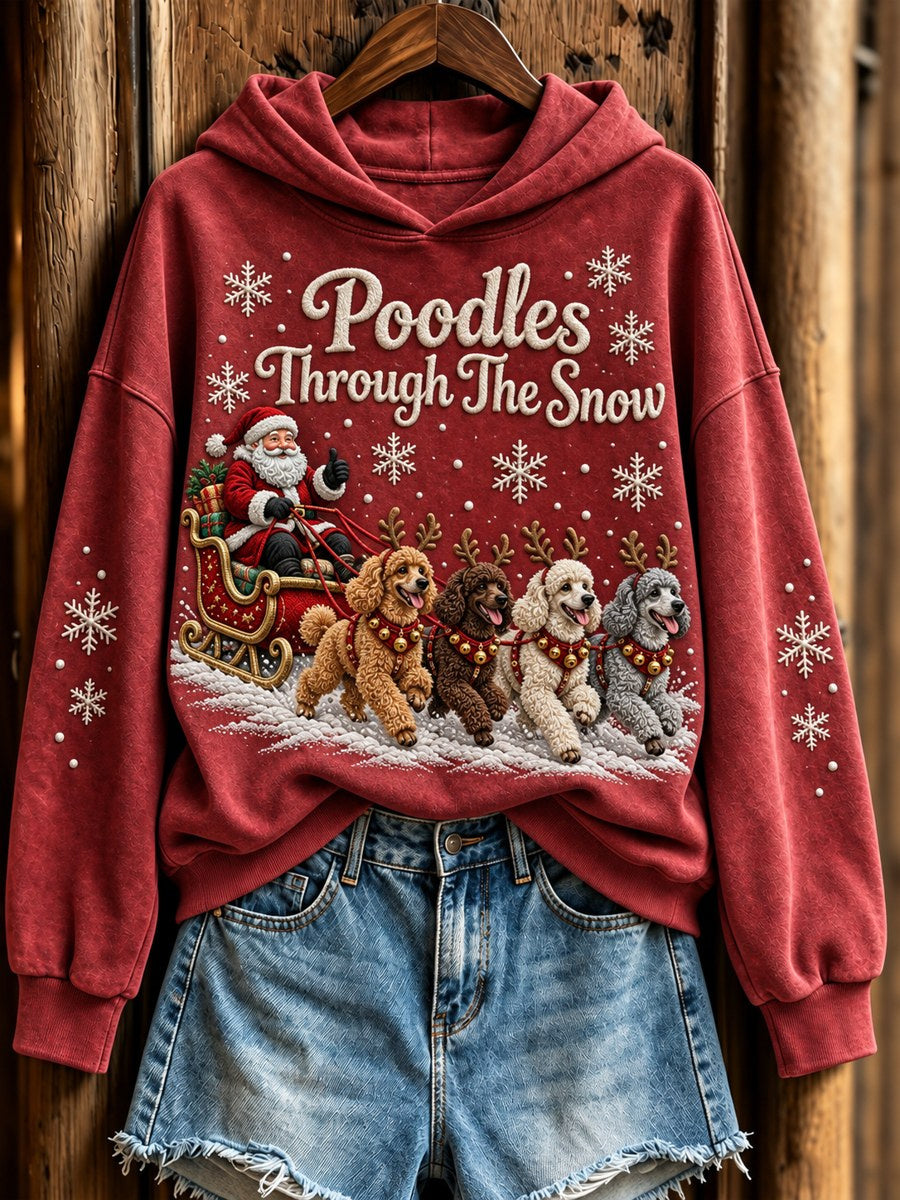 Women's Poodles Through the Snow Christmas Santa Claus & Dogs Print Hoodie