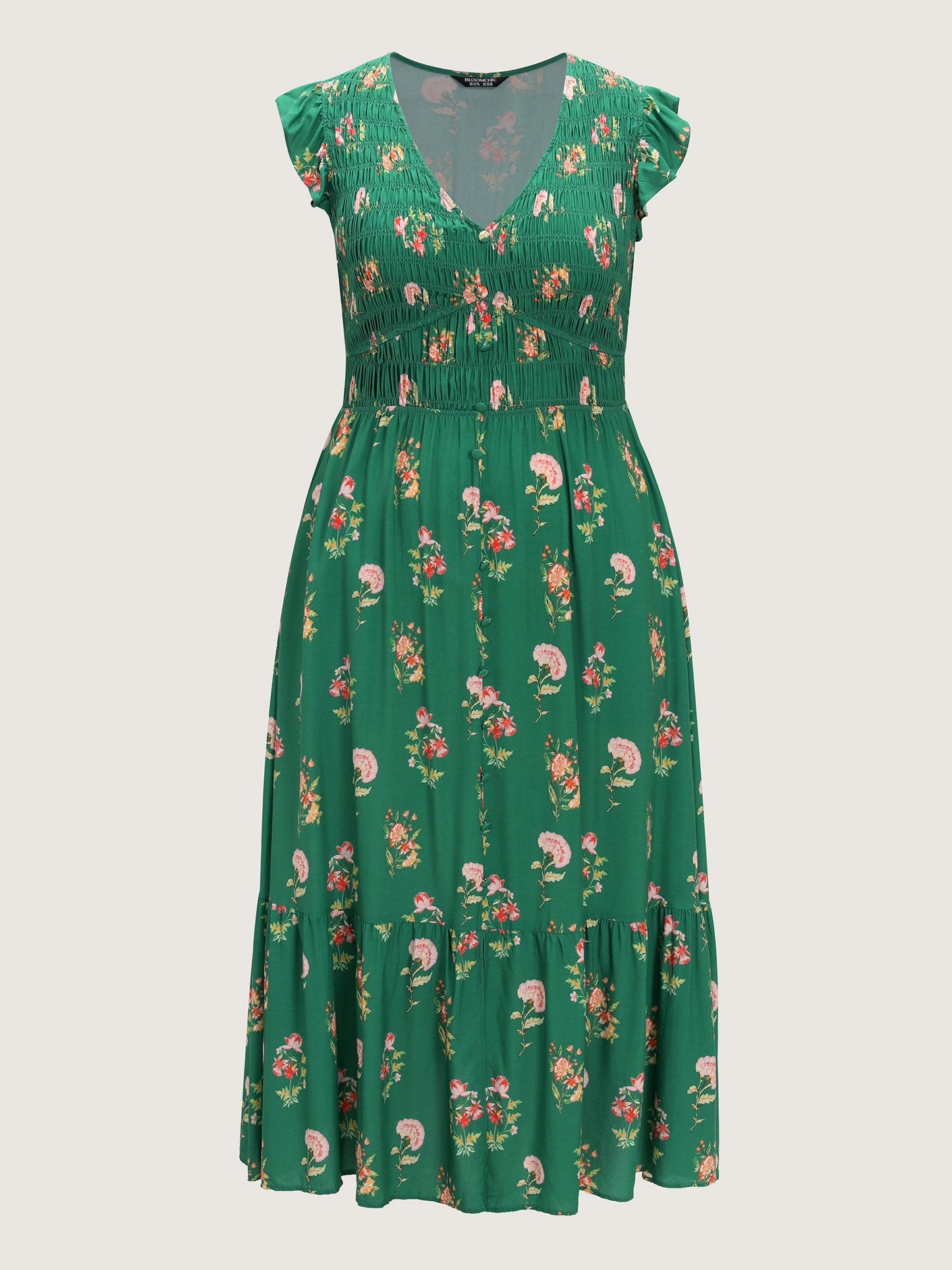 Floral Print Shirred Waist V-Neck Midi Dress