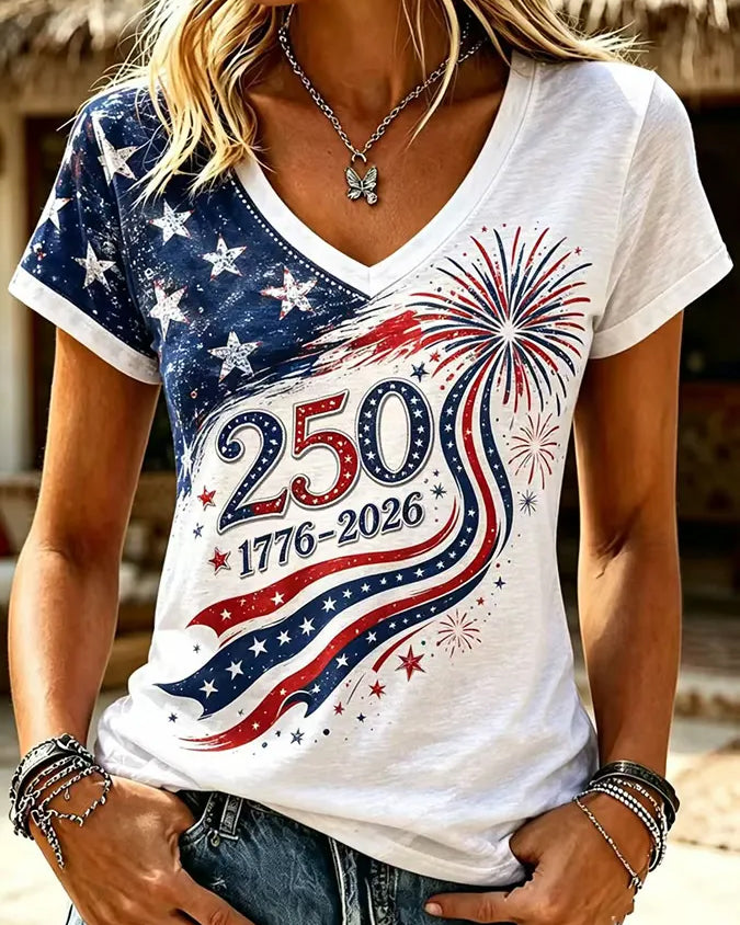 250th Anniversary Fireworks Stars Print V-neck Short Sleeve Tshirt