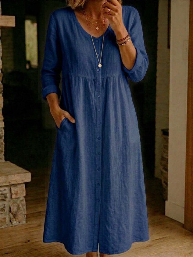 Cotton And Linen Vintage Loose Dress With No