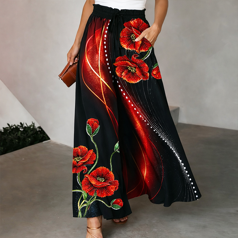 Women's "Red Friday" Poppy Print Casual Wide-Leg Pants