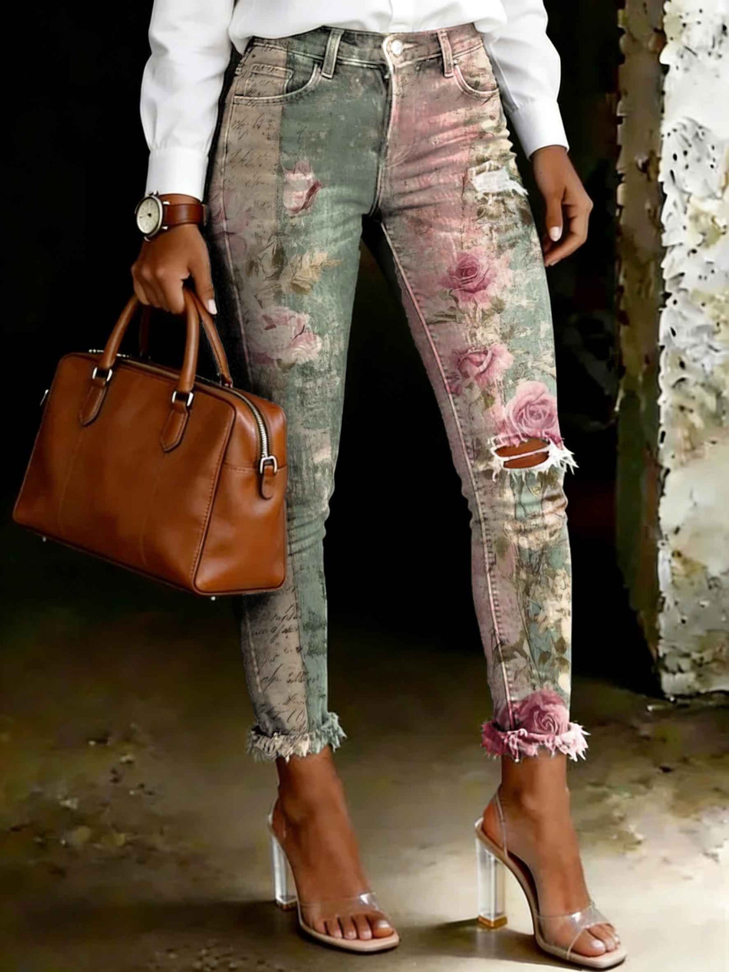 Women's Fashion Vintage Rose Stripes Print Ripped Skinny Jeans