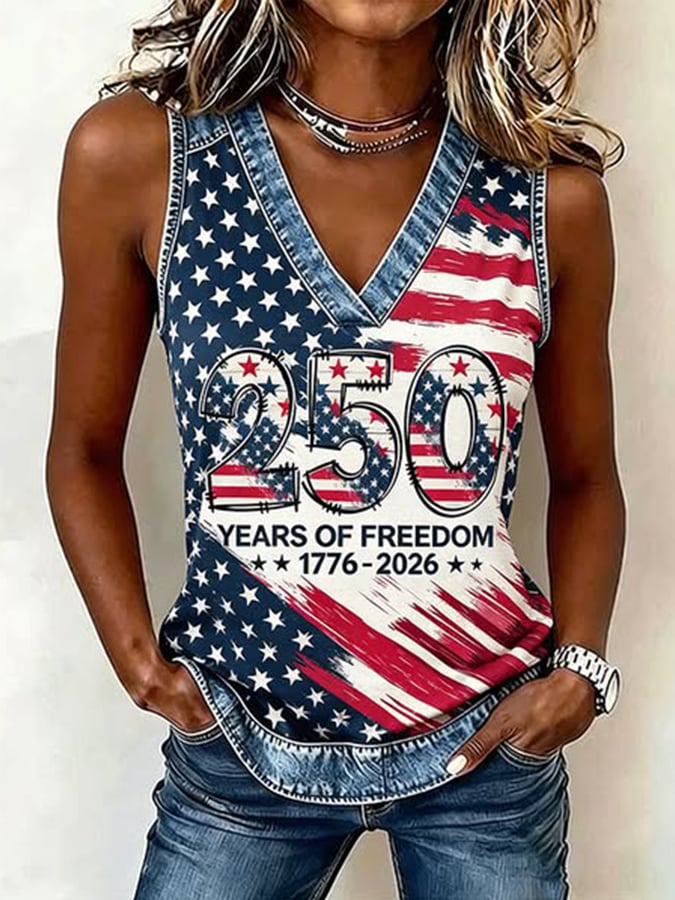 Women's 250th Anniversary Freedom Flower Art Print Casual V-Neck Vest
