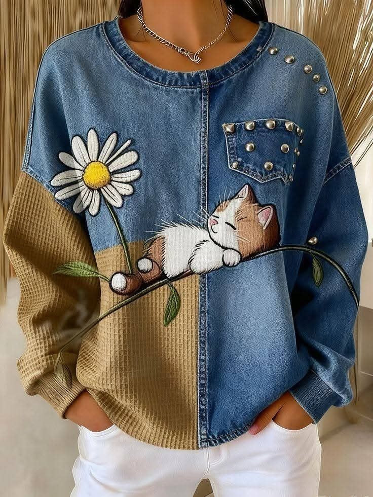 Women's Cute Cat Daisy Patchwork Studded Denim Sweatshirt