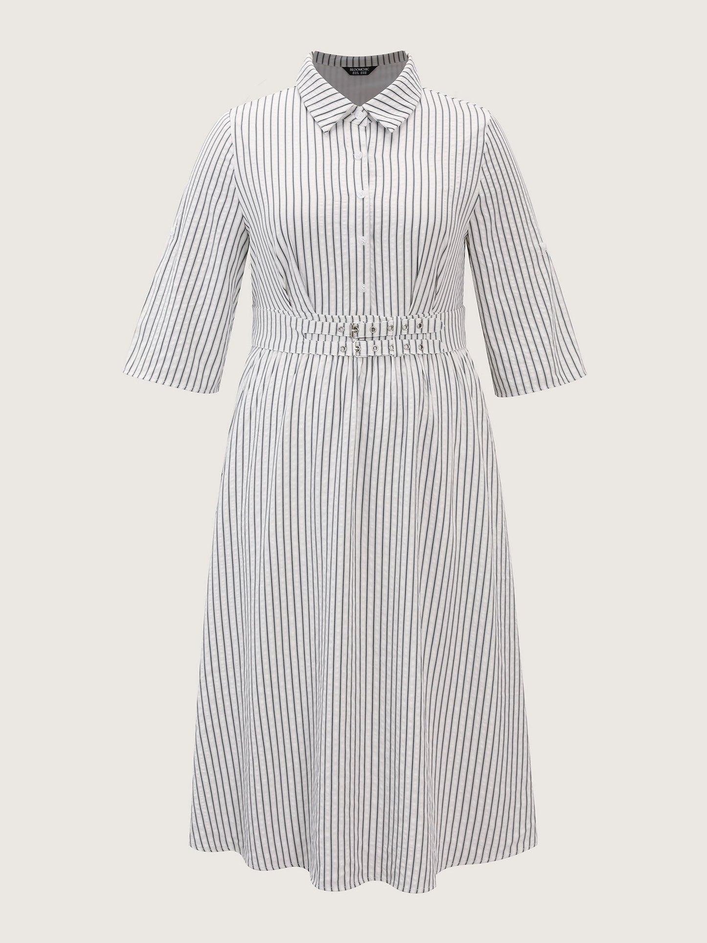 Striped Tab Sleeve Double Belt Midi Shirt Dress