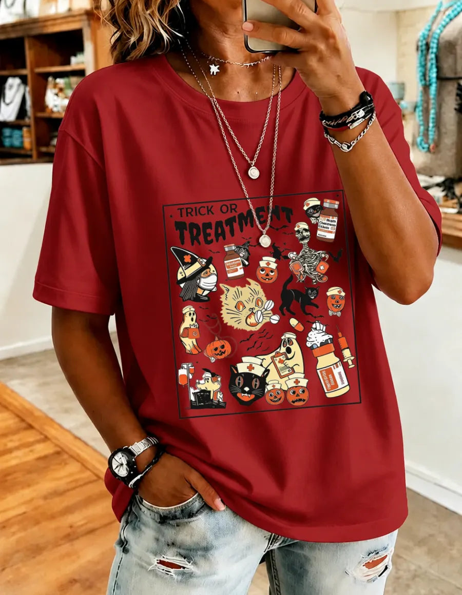 Women's Halloween Floral Print Cotton T-Shirt