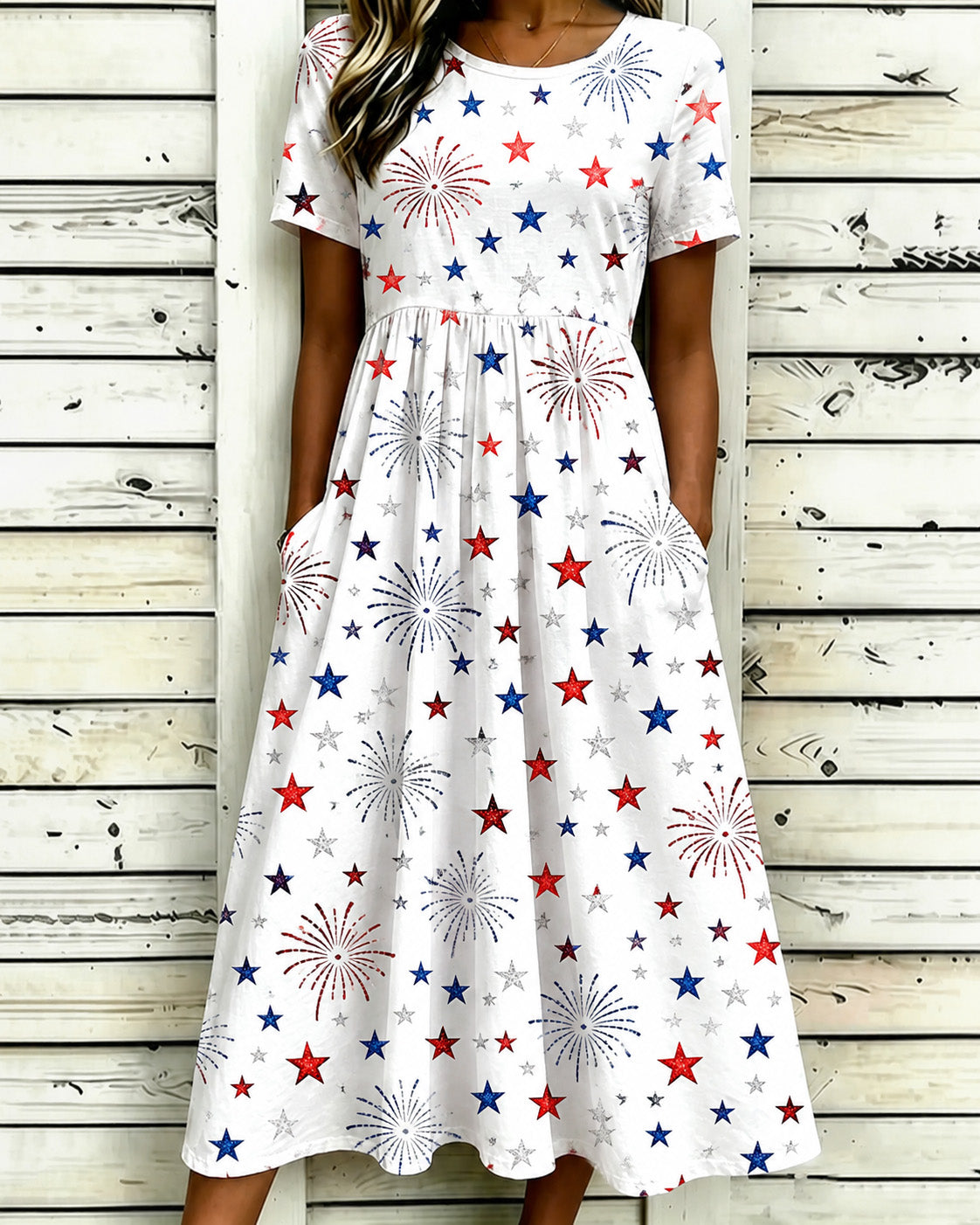 250th Anniversary Charity Fireworks Print Pocket Casual Dress