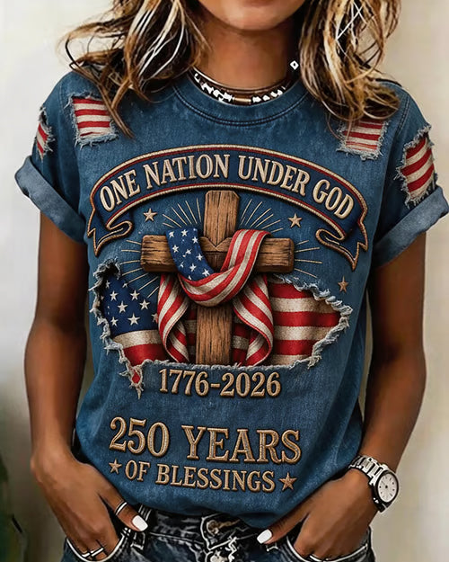 250th Anniversary Cross Print Crew Neck Short Sleeve Tshirt