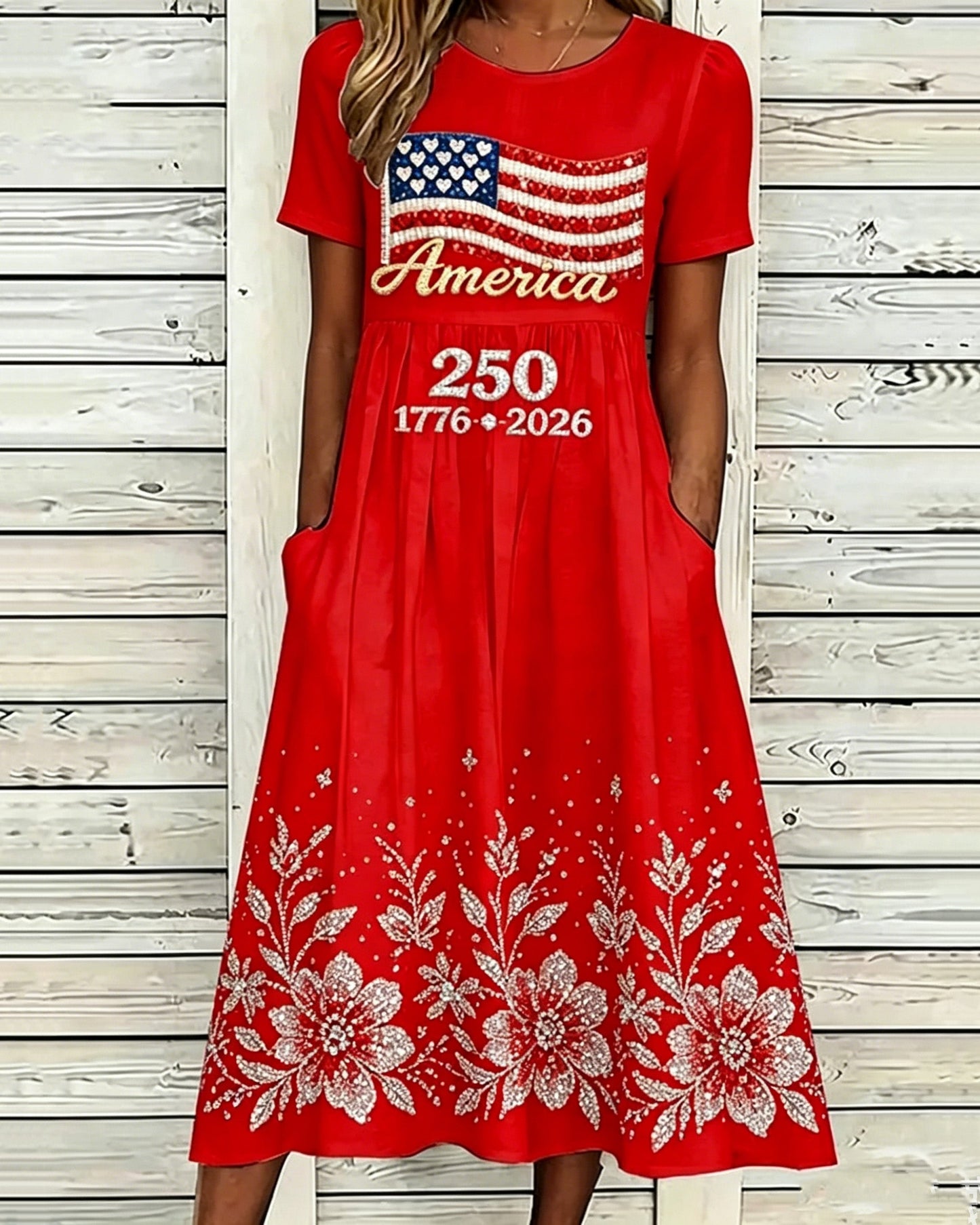 250th Anniversary National Flag Silver Flower Print Pocket Casual Dress