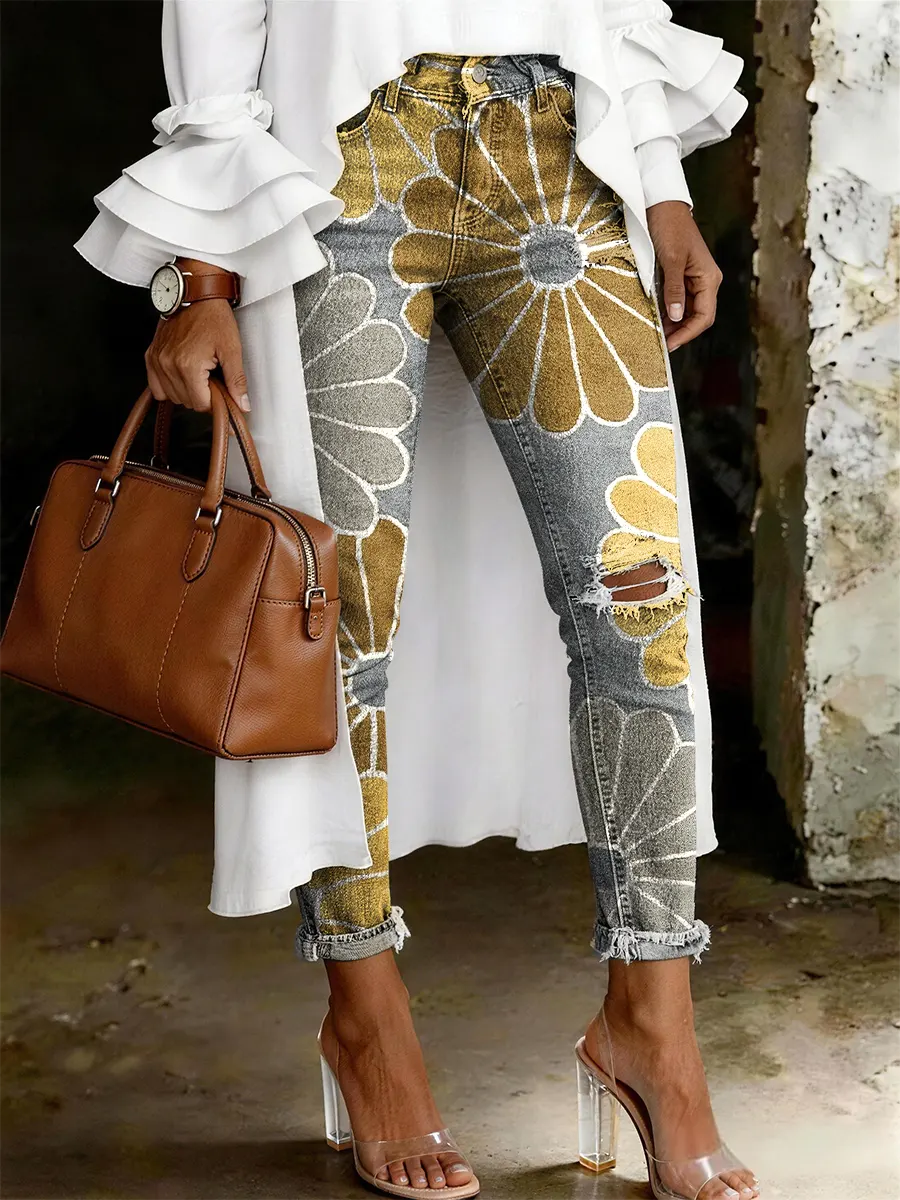 Women's Fashion Casual Multicolor Flowers Art Print Ripped Skinny Jeans