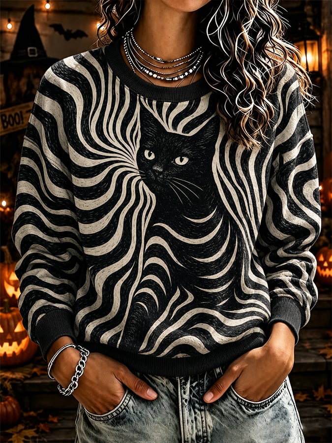 Women's Cute Cat Print Casual Waffle-Knit Top