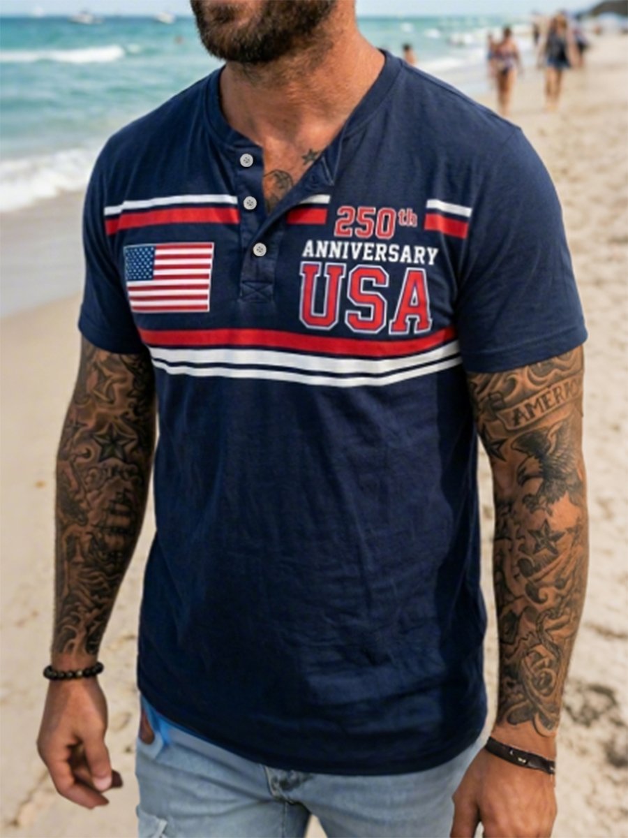 Men's Retro American Anniversary Henley Collar Short-Sleeve T-Shirt