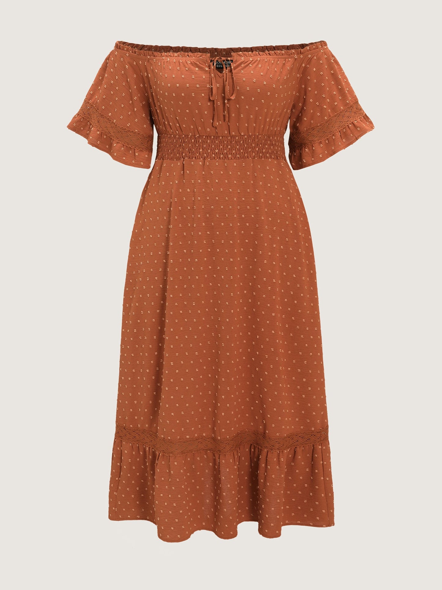 Textured Lace Trim Off-Shoulder Midi Dress