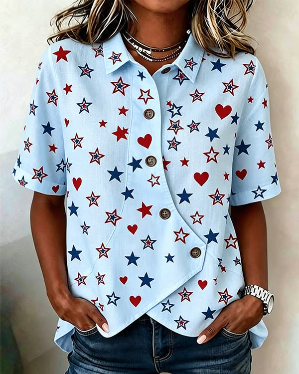 250th Anniversary Star Print Lapel Button-Down Short-Sleeved Shirt
