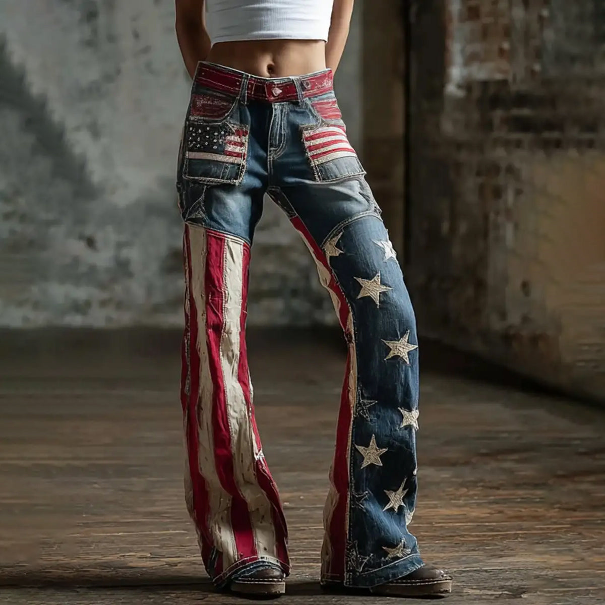 Women's American Flag Inspired Print Vintage Washed Jeans