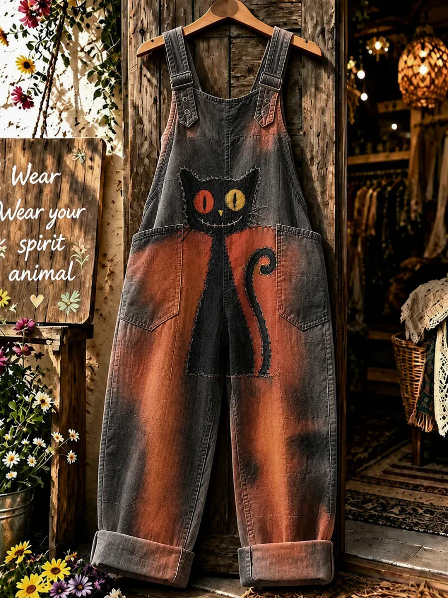 Women's Halloween Black Cat Art Print Jumpsuit