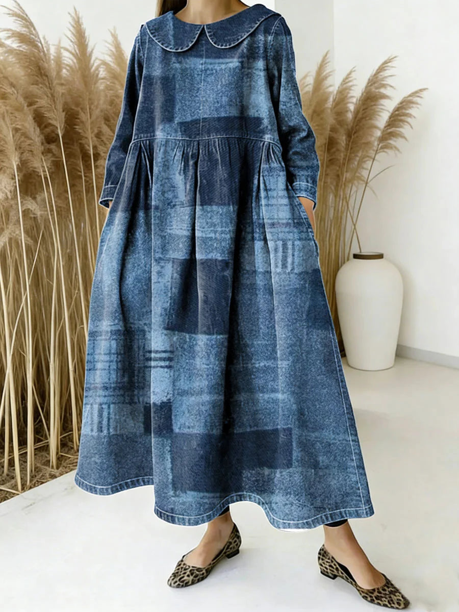 Women's Retro Splicing Long-sleeved Loose-fitting Casual Denim Dress