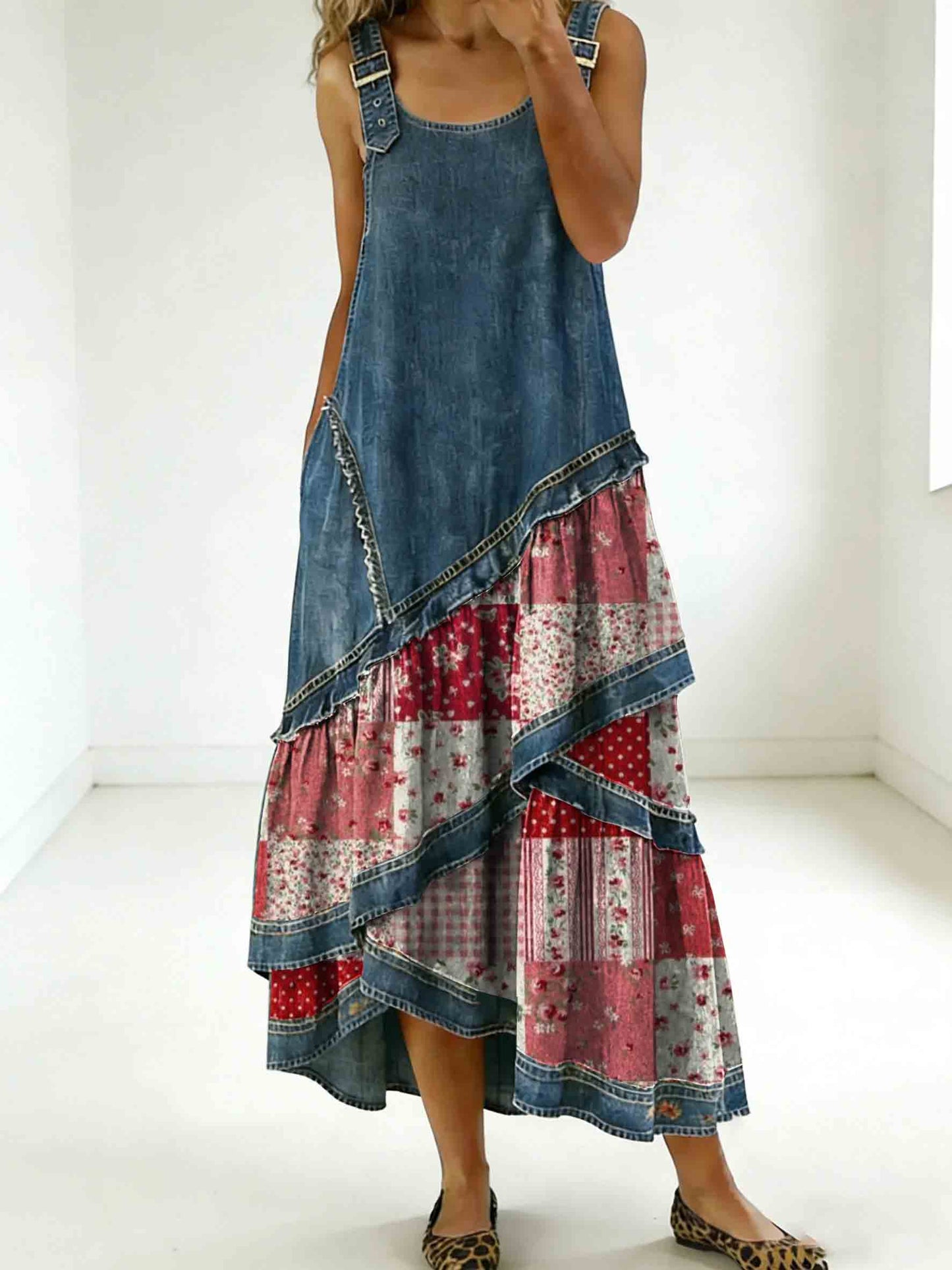 Women's Vintage Floral Strawberry Denim Design Sleeveless Multi-layered Ruffled Strap Dress