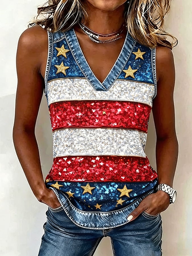 Women's 250th Anniversary Freedom Flower Art Print Casual V-Neck Vest