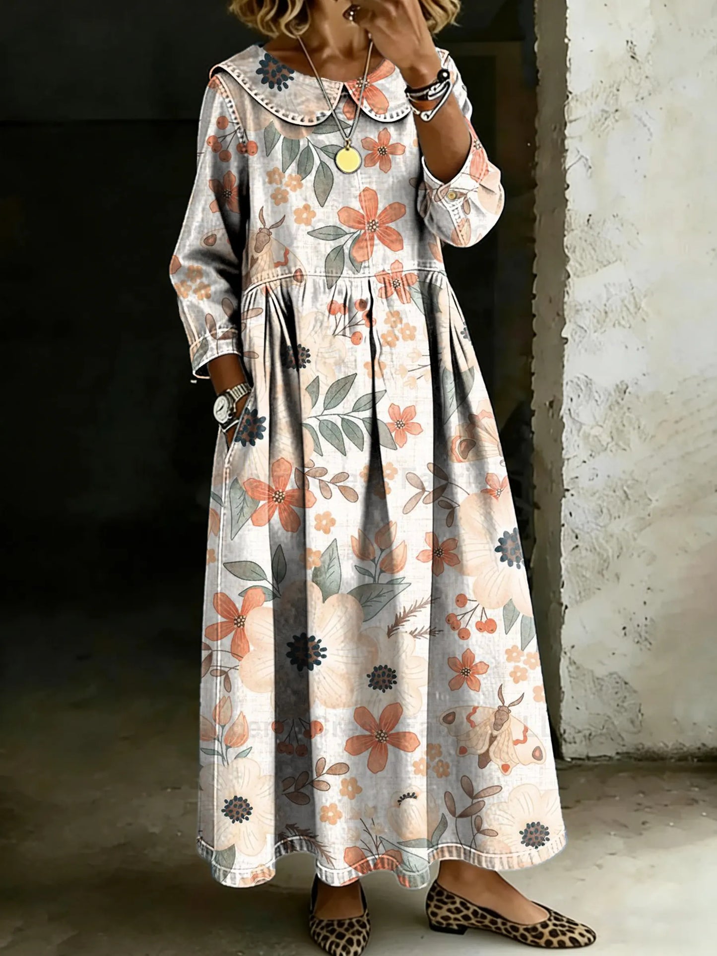Women's Retro Floral Splicing Long-sleeved Loose-fitting Casual Denim Dress