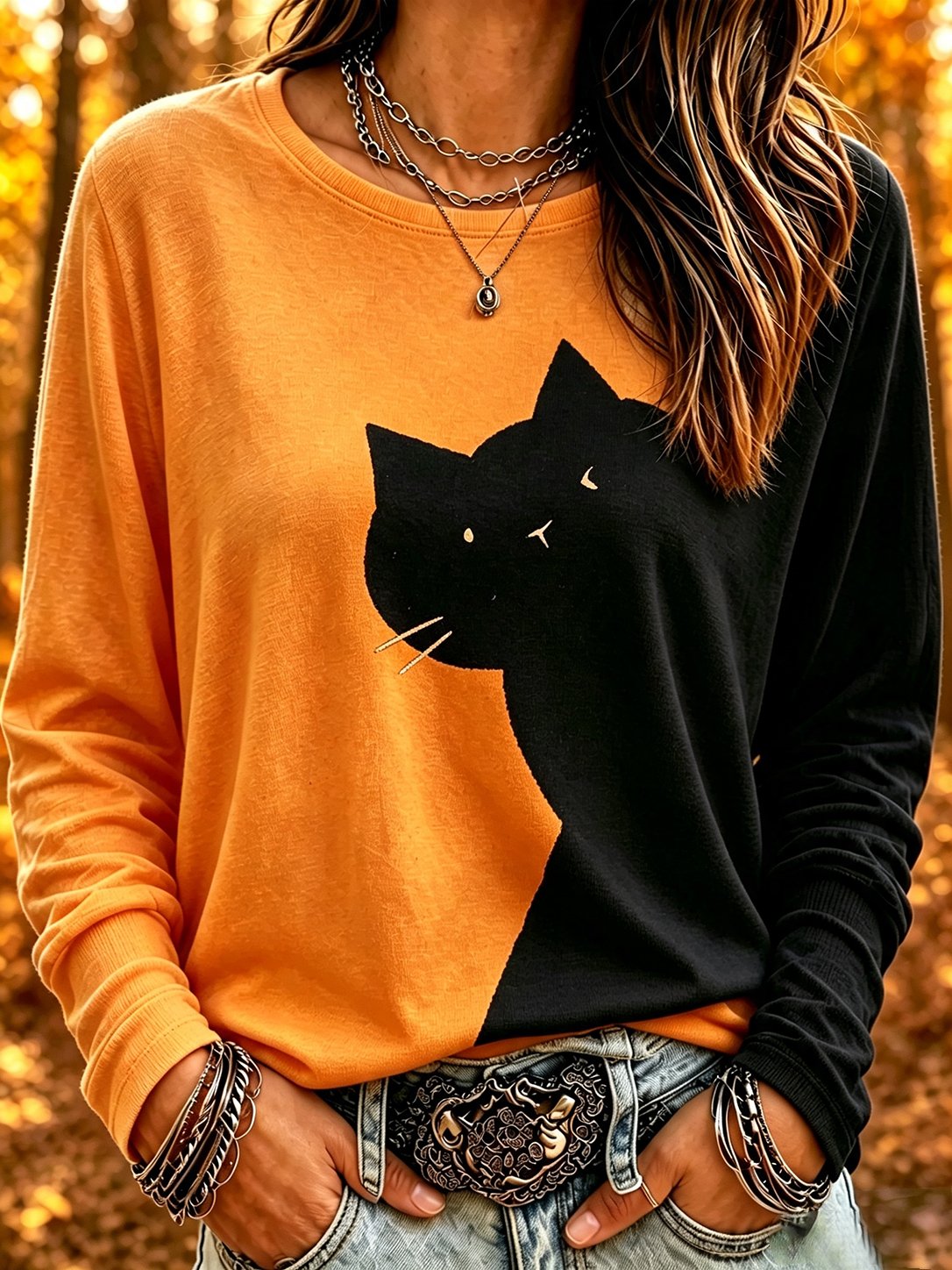 Women's Mysterious Black Cat Print Crew Neck Top