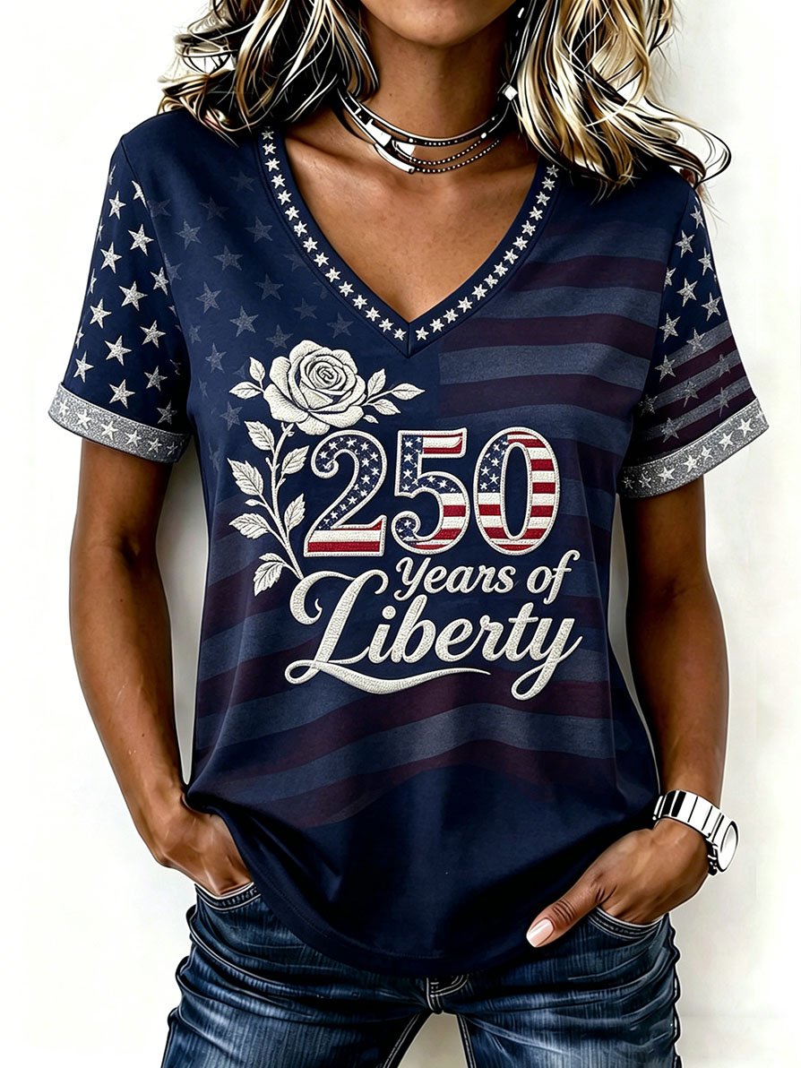Women's Retro American 250th Anniversary V-neck Short-sleeved T-shirt